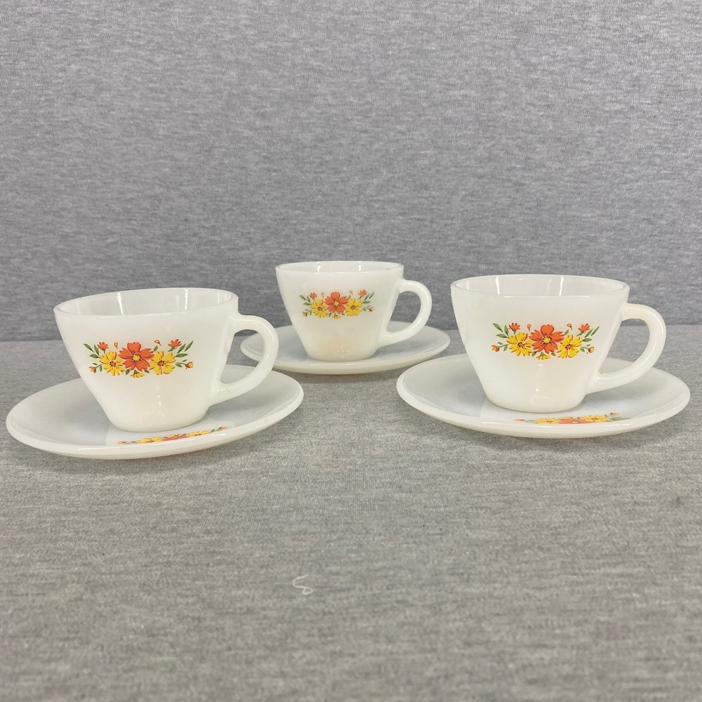 Vintage Fire-King Tea Cup Saucer Set of 3 White Floral Milk Glass Retro USA Made